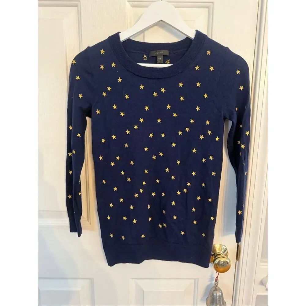 J. Crew Navy Gold Star Embroidered Star Crewneck Sweater sz XXS EUC